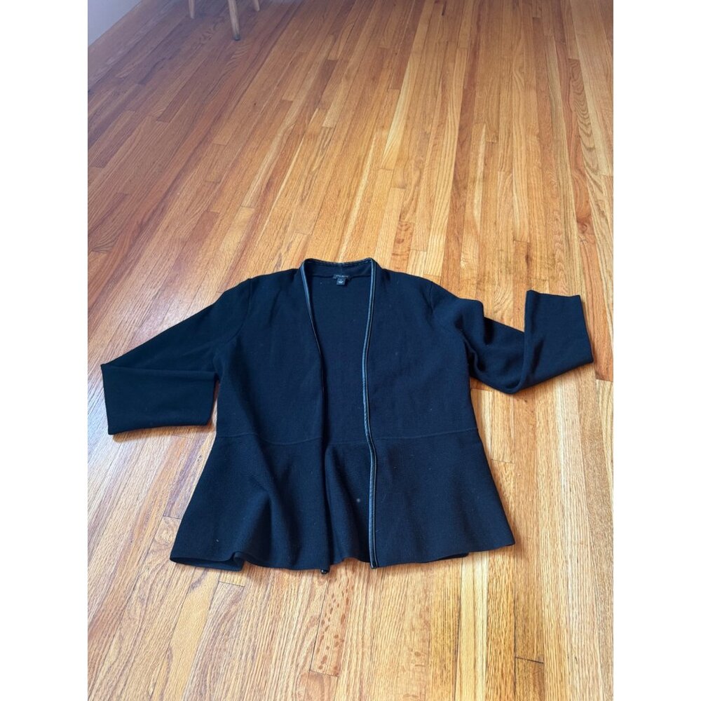 Ann Taylor Factory Black Peplum Cardigan Sweater L 3/4 Sleeve Lightweight Open F